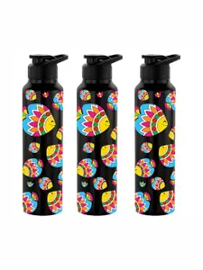 NIRLON Black 3 Pieces Printed Stainless Steel Single Wall Vacuum Water Bottles 1 L Each