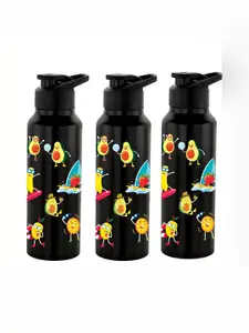 NIRLON Black 3 Pieces Printed Stainless Steel Single Wall Vacuum Water Bottles 750 ml Each