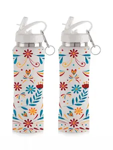 NIRLON White 2 Pieces Printed Stainless Steel Single Wall Vacuum Water Bottles 750 ml Each