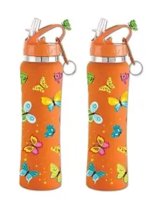 NIRLON Orange 2 Pieces Printed Stainless Steel Water Bottles 750 ml Each