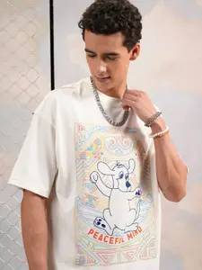 HIGHLANDER Puff Printed Round Neck Drop Shoulder Oversized Cotton T-shirt