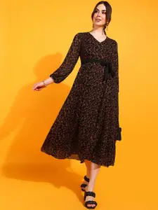 DressBerry Brown Leopard Printed Georgette V-Neck Fit & Flare Midi Dress with Belt