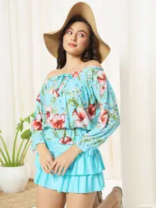 BAESD Floral Printed Off-Shoulder Puff Sleeves Gathered Detailed Drop-Waist Mini Dress