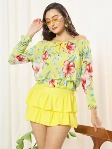 BAESD Floral Printed Off-Shoulder Puff Sleeves Layered Detailed Drop-Waist Mini Dress
