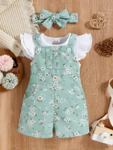 INCLUD Girls Floral Printed Dungarees with Top Set