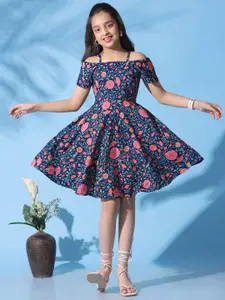 BAESD Girls Floral Printed Cold-Shoulder Sleeves Fit & Flare Dress