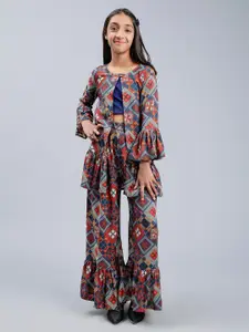 Unique Designers Girls Printed Top With Palazzos And Shrug