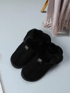 Mast & Harbour Women Black Self Design Fur Room Slippers