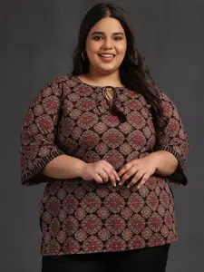 EXTRA LOVE BY LIBAS Plus Size Ethnic Motifs Printed Tie-Up Neck Pure Cotton Straight Kurti