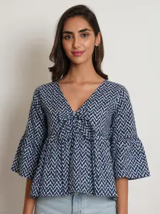 COTLAND FASHION Geometric Printed Bell Sleeve Pure Jaipuri Cotton Bow Peplum Top