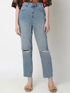 Vero Moda Women Straight Fit High-Rise Slash Knee Light Fade Pure Cotton Jeans