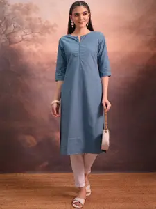 Vishudh Blue Floral Embroidered Notched Neck Straight Kurta