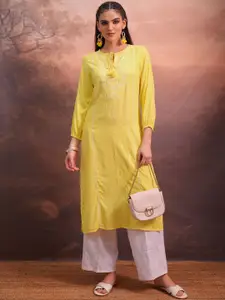 Vishudh Yellow Ethnic Motifs Embroidered Tie-Up Neck Thread Work Straight Kurta