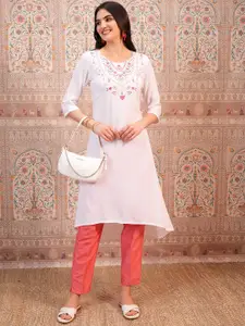 Vishudh White Ethnic Motifs Yoke Design Thread Work High-Low A-Line Kurta