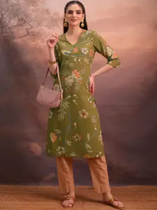 Vishudh Olive Floral Printed Straight Kurta