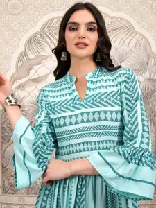 Vishudh Geometric Printed Bell Sleeve Tiered Maxi Dress