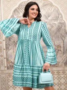 Vishudh Green Printed Mandarin Collar Fit & Flare Dress