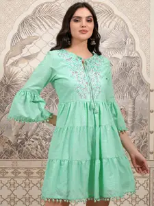 Vishudh Embroidered Tiered Tie-Up Neck Bell Sleeve Cotton  Fit & Flare Dress