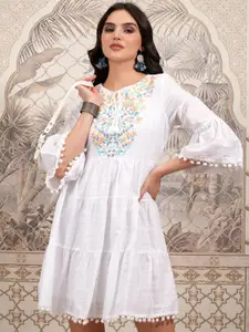 Vishudh Floral Embroidered Tie-Up Neck Cotton Bell Sleeve Fit & Flare Dress