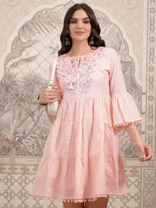 Vishudh Pink Tie-Up Neck Cotton Bell Sleeve Fit & Flare Dress