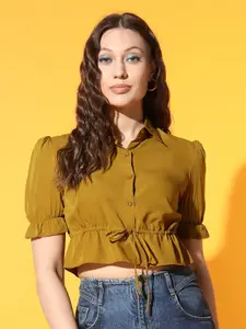 Slenor Puff Sleeve Crepe Shirt Style Crop Top