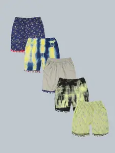KiddoPanti Girls Pack of 5 Printed & Dyed Shorts