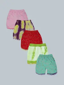 KiddoPanti Girls Pack of 5 Printed & Dyed Shorts