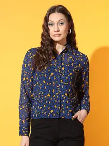 Slenor Animal Printed Spread Collar Georgette Casual Shirt