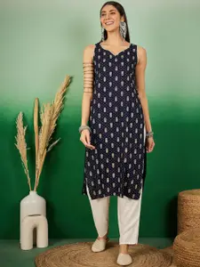 Sangria Floral Printed V Neck Sleeveless Straight Kurta