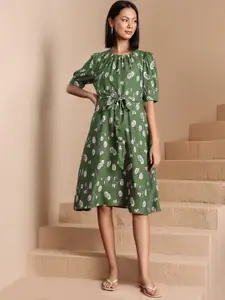 all about you Floral Print Puff Sleeves A-Line Dress with Belt