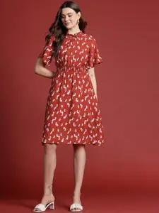 all about you Floral Print Tie-Up Neck Flared Sleeve Fit & Flare Dress