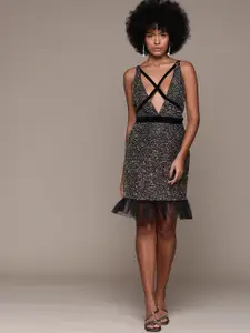 bebe Future Glam Embellished Plunge Neck Sheath Dress