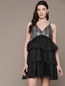 bebe Future Glam Sequined Layered Net Empire Mini Dress