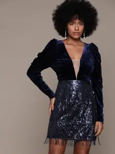 bebe Future Glam Embellished Puff Sleeve Velvet Fit & Flare Dress