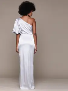 bebe Future Glam One Shoulder Puff Sleeve Satin Maxi Dress