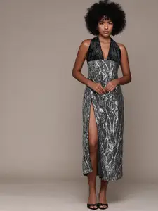 bebe Future Glam Sequined Halter Neck High-Slit Midi Dress