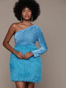 bebe Future Glam Embellished One Shoulder Fit & Flare Dress