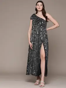 bebe Future Glam Sequined One Shoulder Maxi Dress