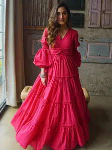 Ziva Fashion V Neck Long Bell Sleeve Cotton Maxi Dress