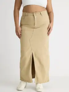 FREAKINS Beige A-Line Pure Cotton Button Straight Maxi Skirt