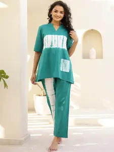SANSKRUTIHOMES Green Tie and Dyed Pure Cotton Night suit