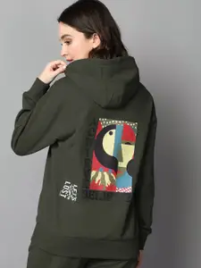 The Roadster Lifestyle Co. Olive Green Typography Printed Hooded Fleece Pullover