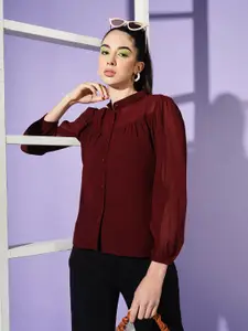 Slenor Band Collar Puff Sleeve Shirt Style Top