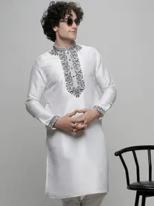 MAAHI FABS Mandarin Collar Long Sleeves Thread Work Straight Cotton Kurta