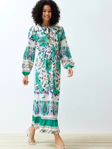 Trendyol Floral Print Tie-Up Neck Puff Sleeve Maxi Dress