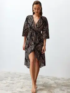 Trendyol Tropical Print Flared Sleeve Pure Cotton Wrap Dress