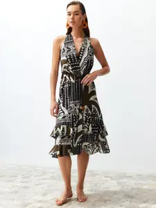 Trendyol Geometric Printed Halter Neck Layered & Belted Pure Cotton Wrap Dress
