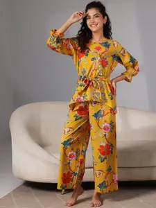 Libas Floral Printed Pure Cotton Bell Sleeves Tie Up Night Suit