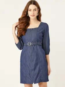 all about you Square Neck Puff Sleeve Denim A-Line Dress