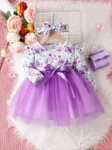 BAESD Girls Floral Printed Gathered Detailed Modal Net Fit & Flare Dress With Headband